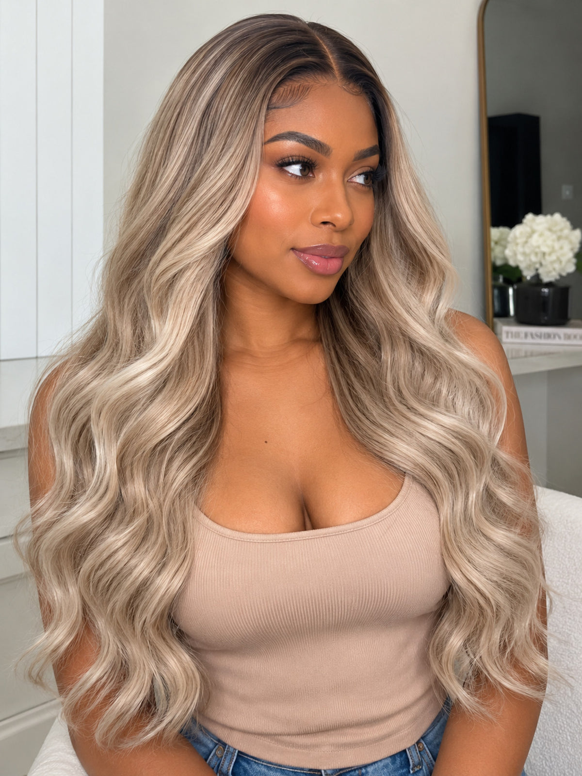 Long Blonde Wig with Dark Roots and Highlights – Synthetic Blend
