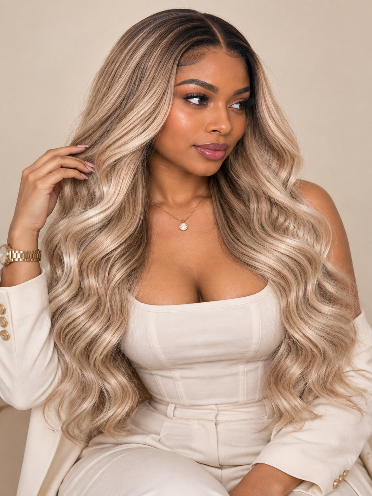 Long Blonde Wig with Dark Roots and Highlights – Synthetic Blend