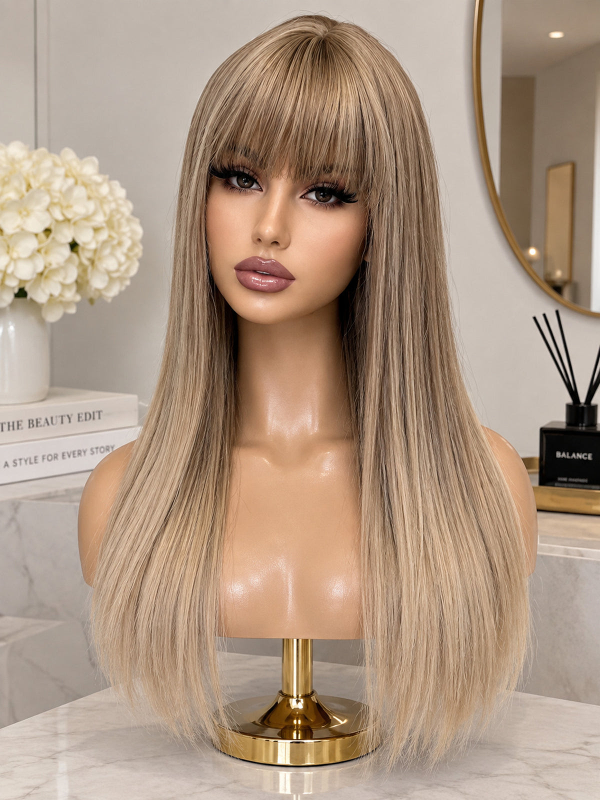 Long Blonde Straight Wig with Bangs and Highlights – Synthetic Blend