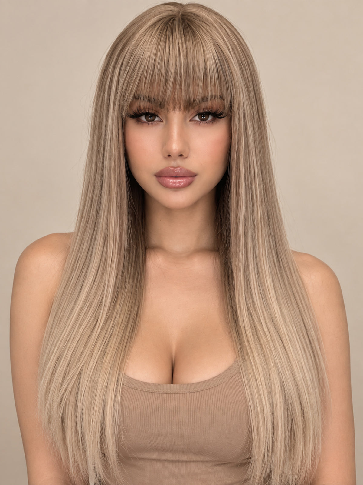 Long Blonde Straight Wig with Bangs and Highlights – Synthetic Blend