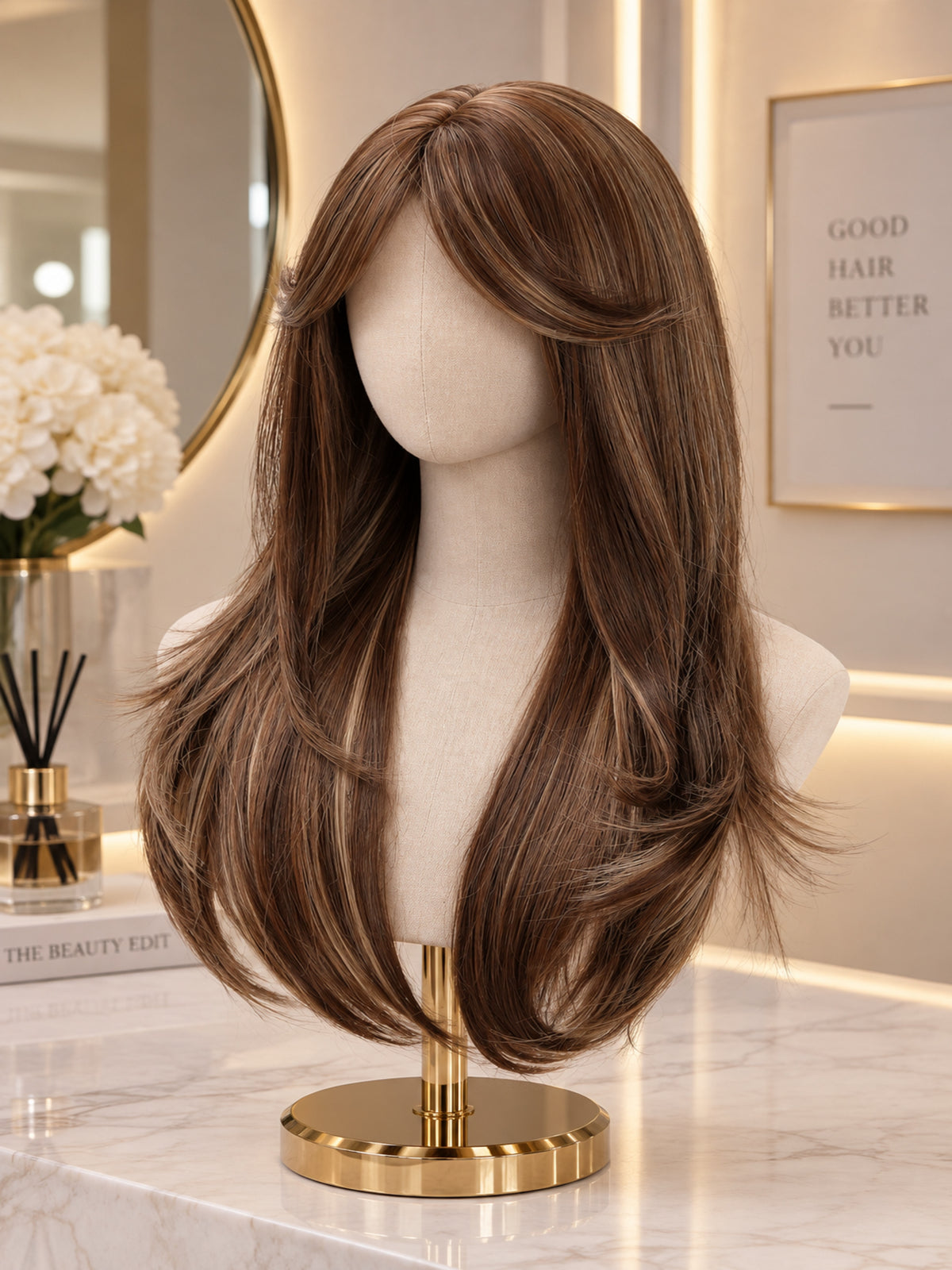 Long Brown Highlighted Synthetic Blend Wig with Curtain Bangs