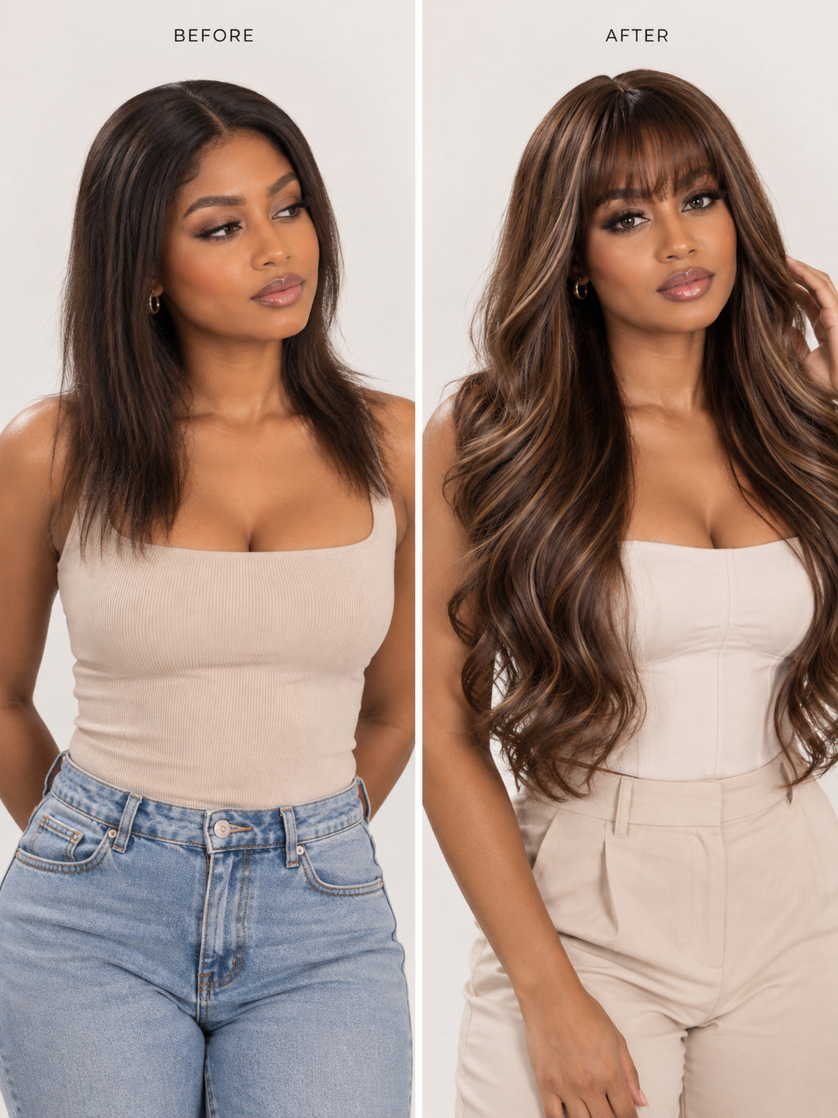 Long Chocolate Brown Wavy Wig with Bangs & Highlights Synthetic Blend