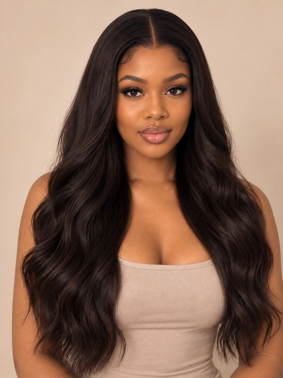Long Natural Brown Wavy Synthetic Blend Wig
