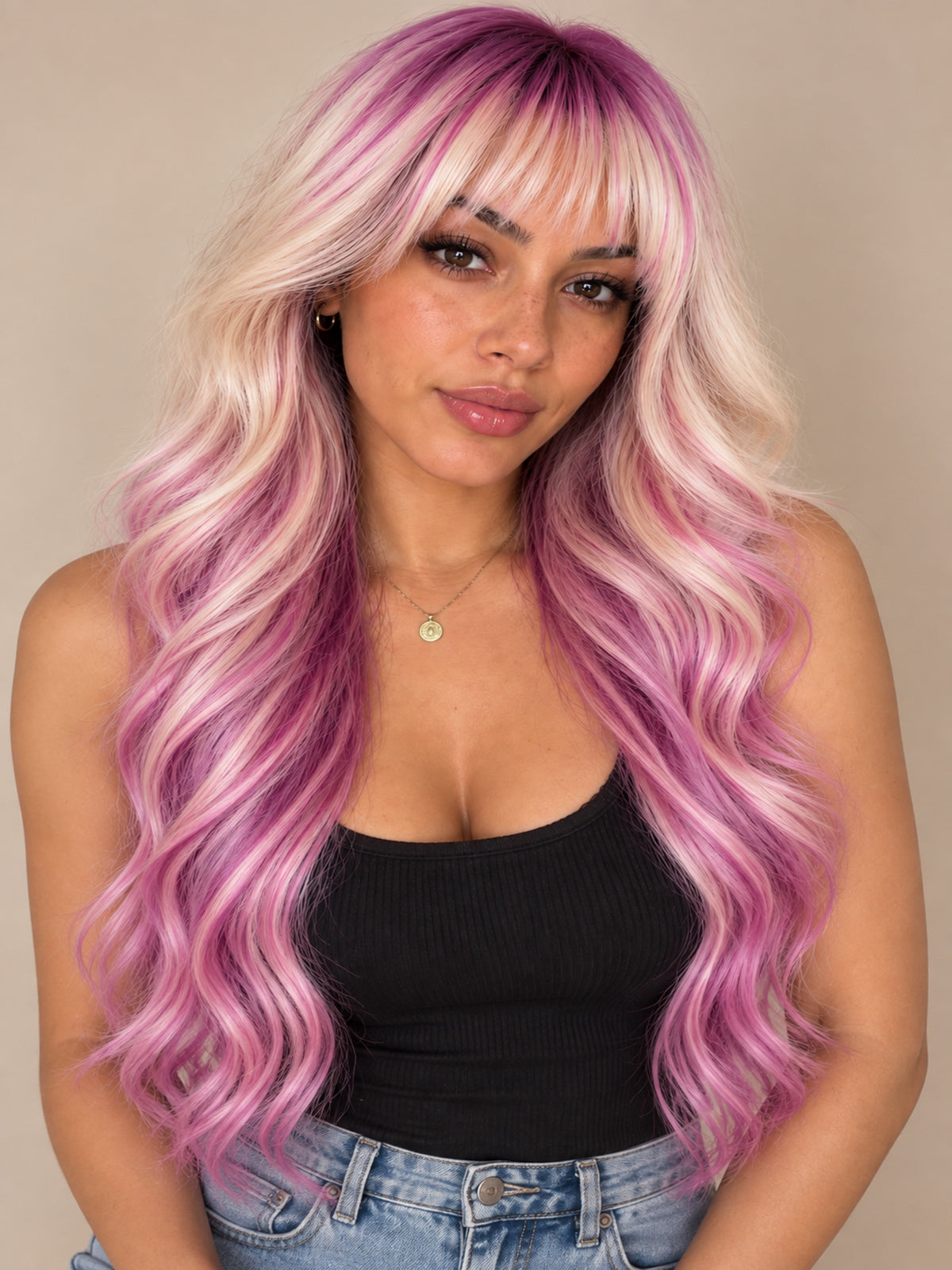 Blonde to Pink Ombre Bangs Synthetic Blend Wavy Wig