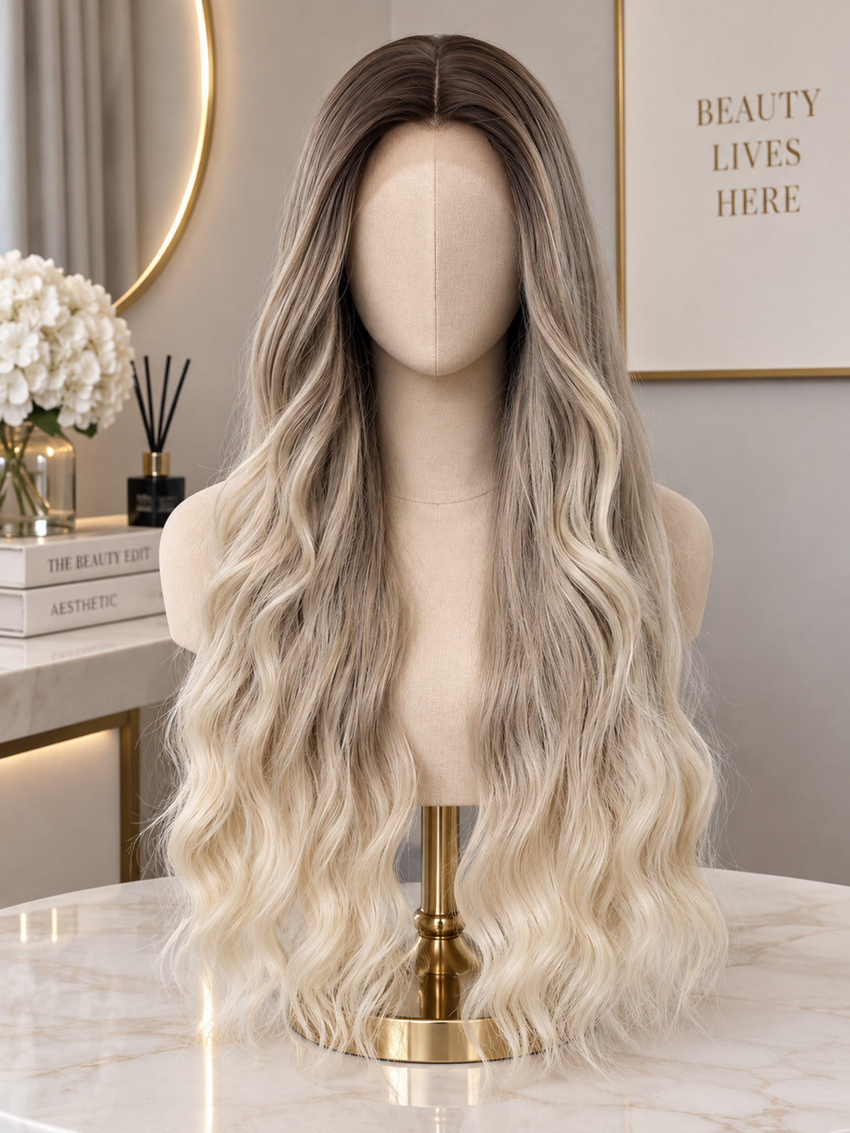 Long Platinum Blonde Ombre Body Wave Wig Synthetic Blend