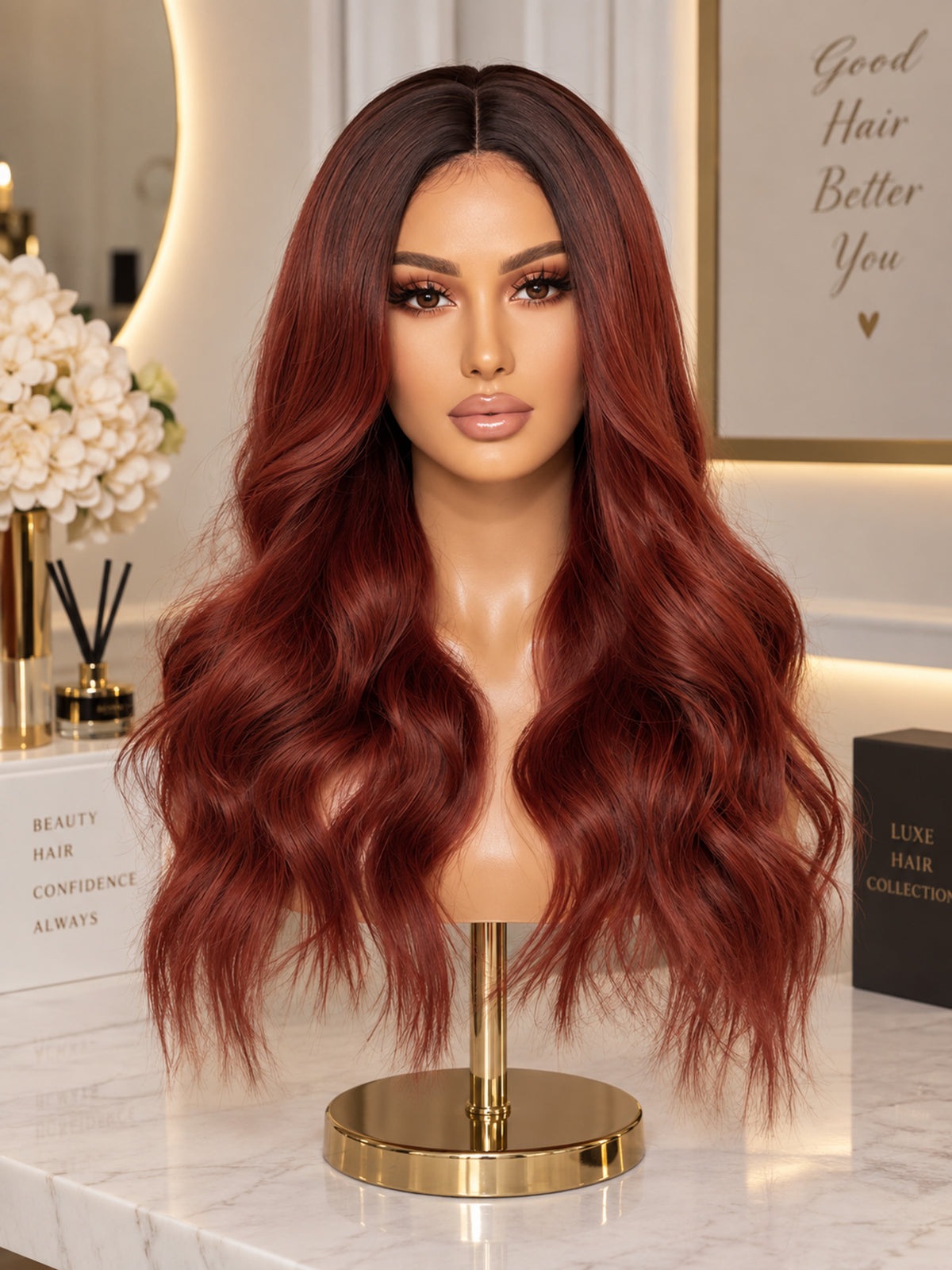20" Wavy Red Wig with Dark Brown Roots – Synthetic Blend