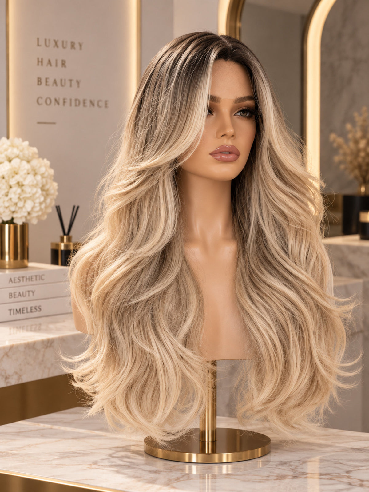 Long Sandy Blonde Highlighted Synthetic Blend Wig with Curtain Bangs