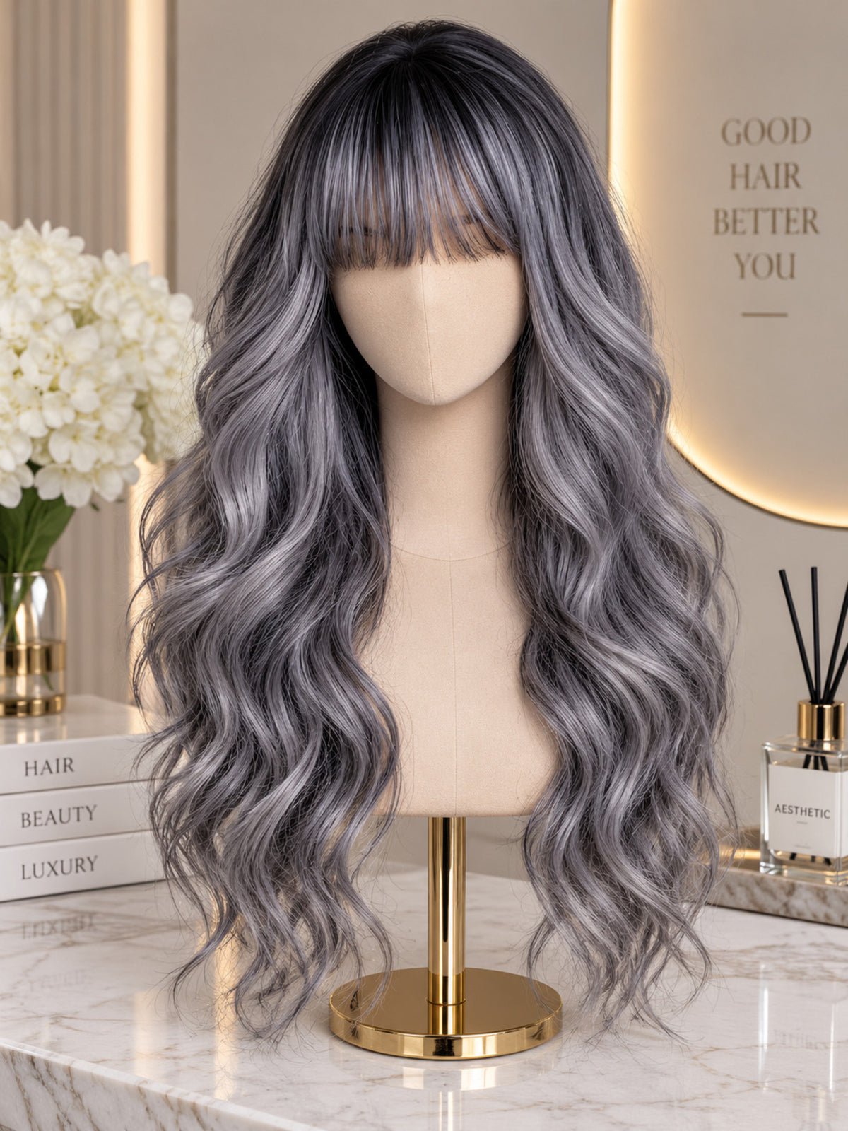 Long Silver Gray Wavy Synthetic Blend Wig with Bangs
