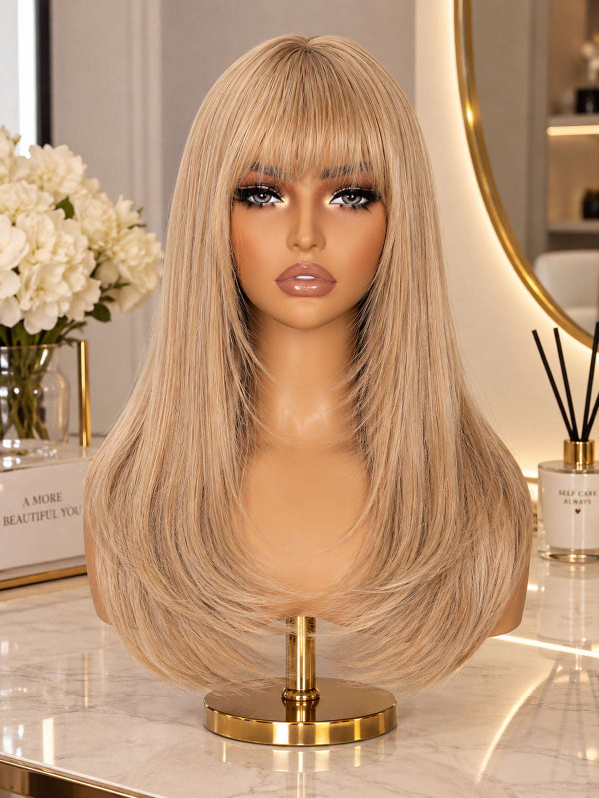 20" Warm Toned Blonde Synthetic Blend Wig with Layered Bangs