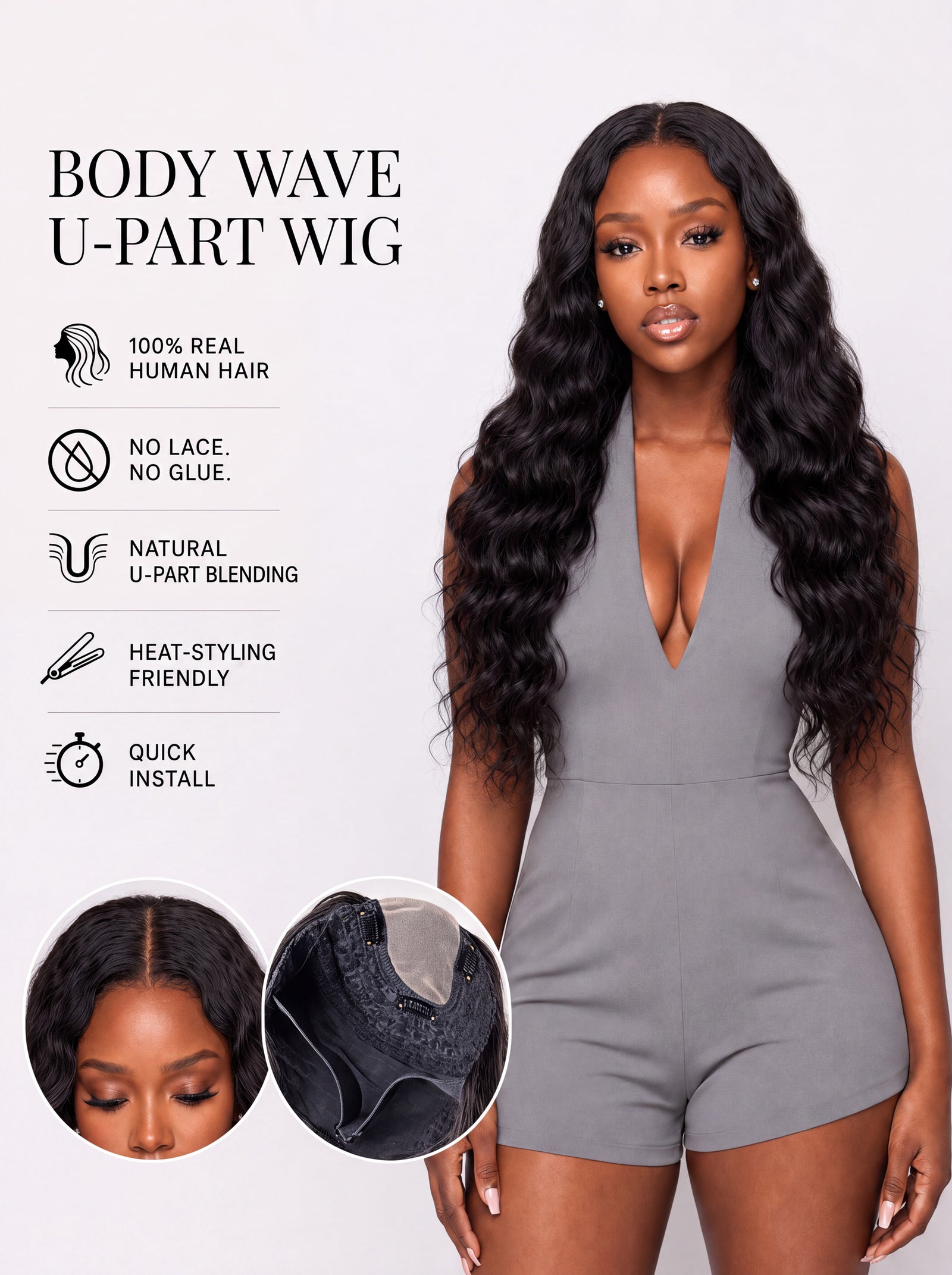 Body wave U-part wig with long black wavy hair and visible U-part opening