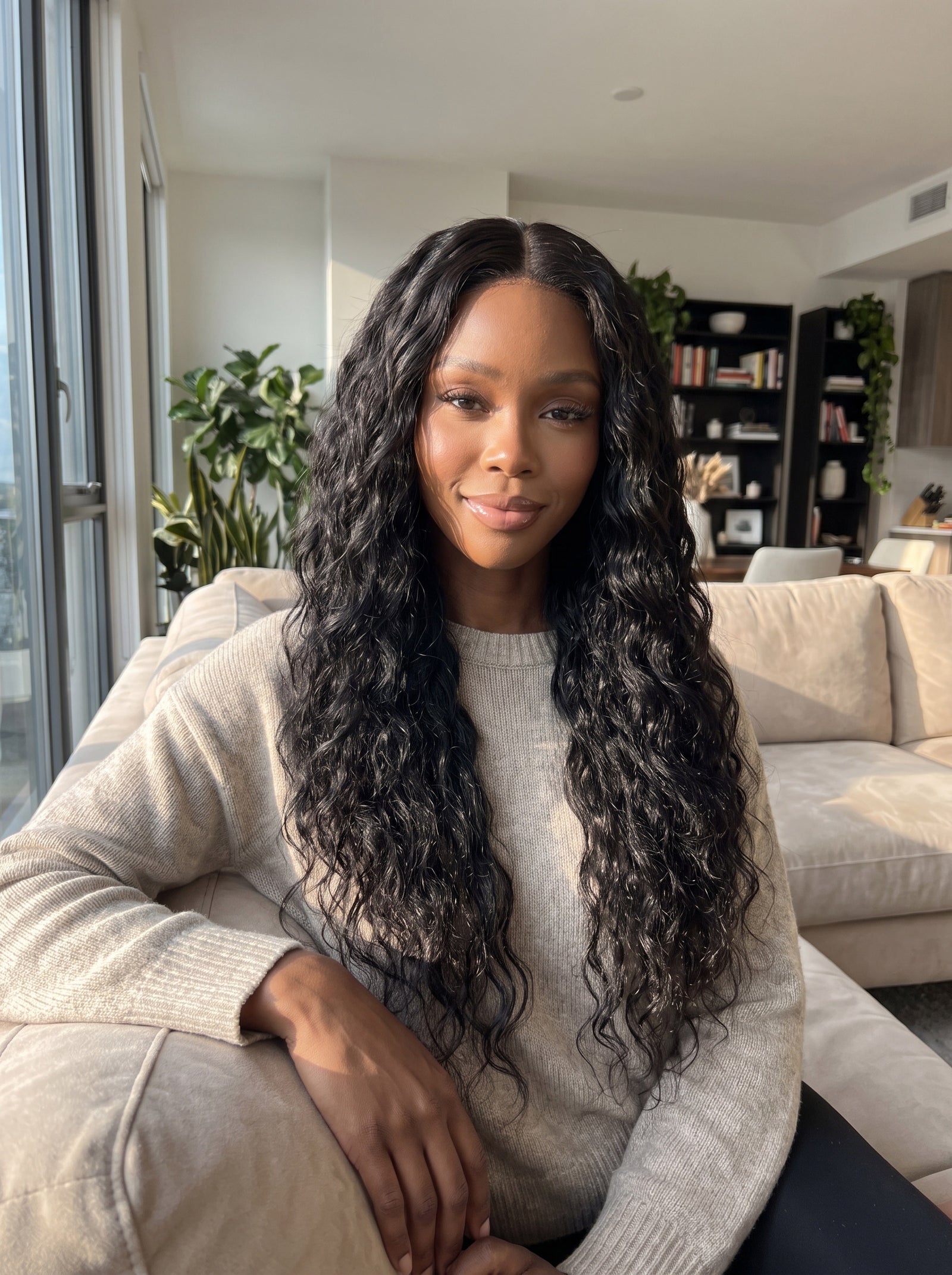 Body wave U-part wig on model with long black wavy hair and center part
