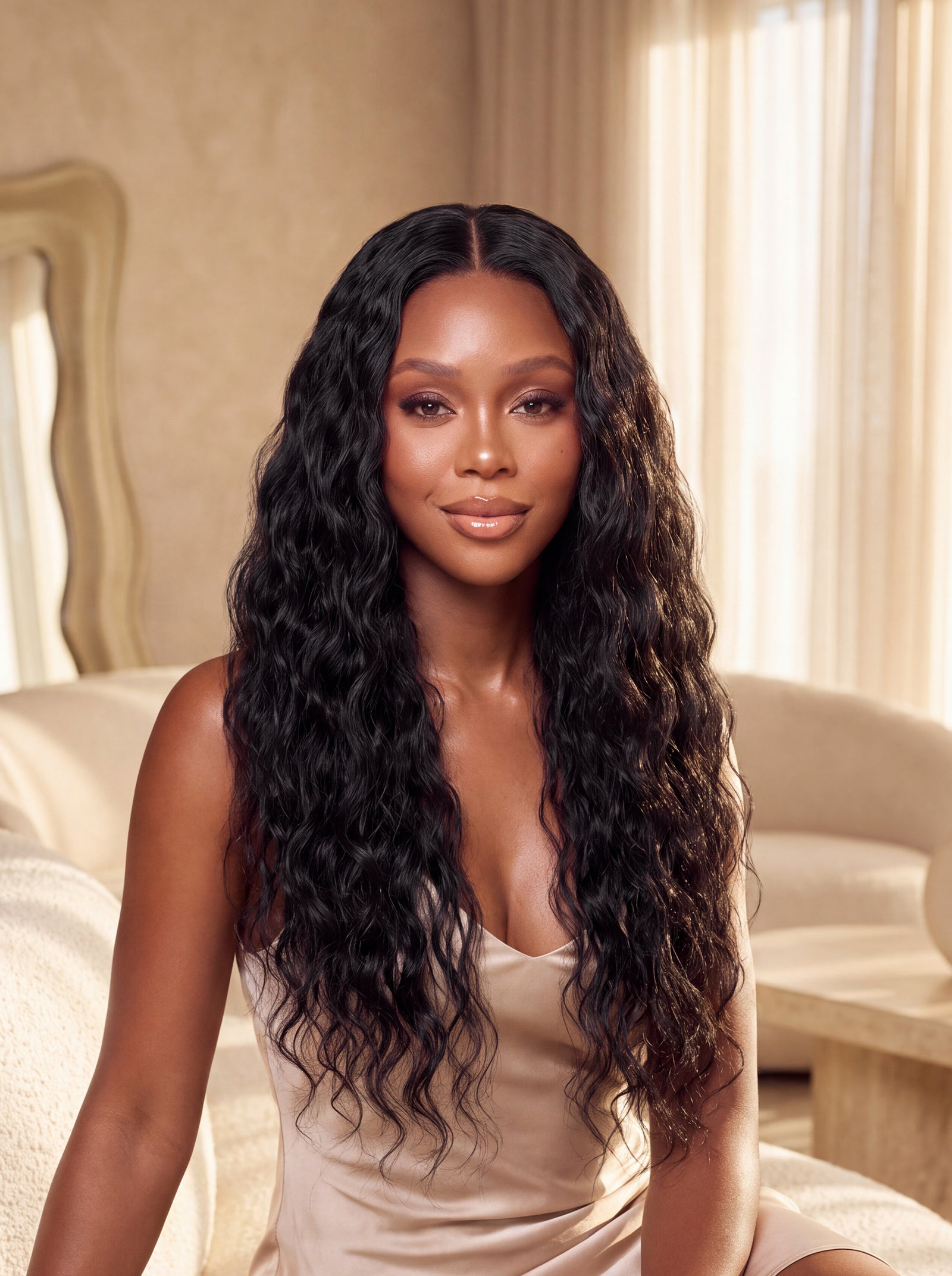 Body wave U-part wig with long black loose waves and middle part
