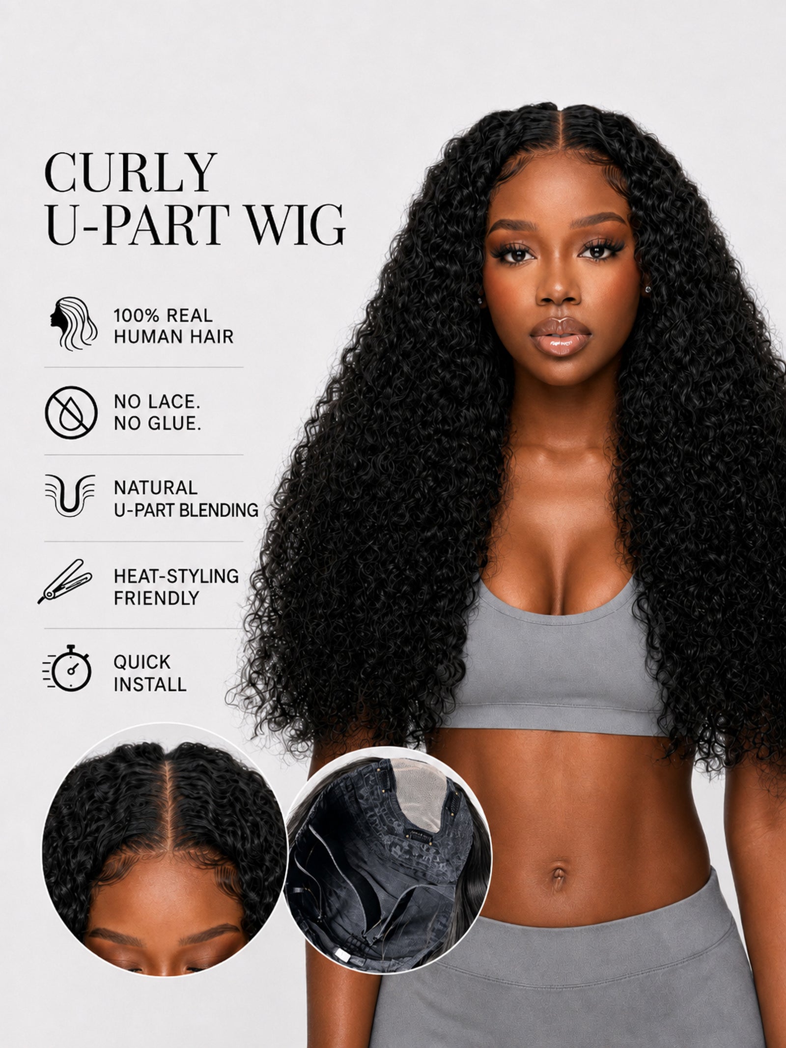 Curly U-part wig with long black ringlet curls and showing hair-parting at the U-top