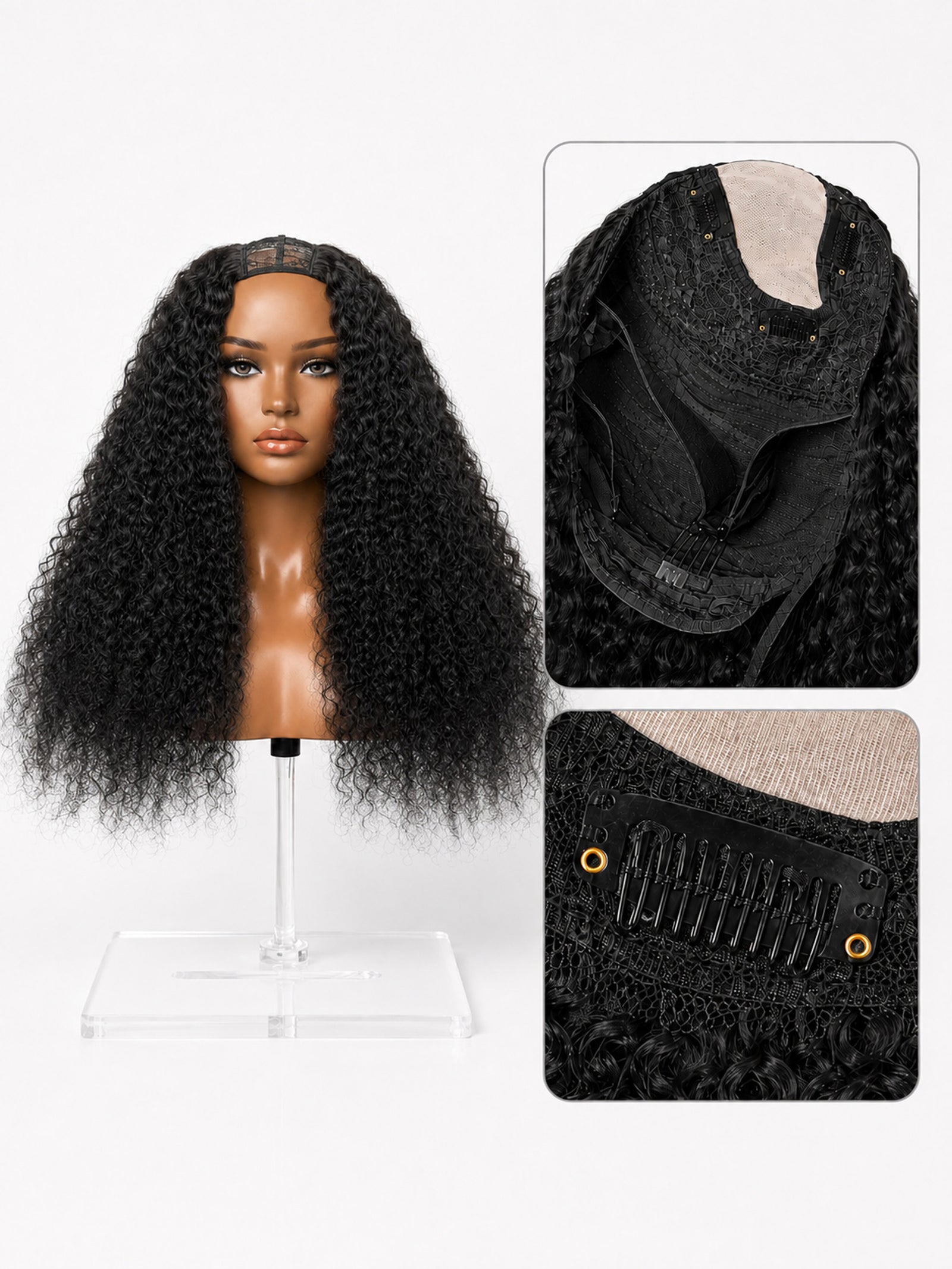 Curly U-part wig on mannequin with long black curly hair; side views of cap and clips