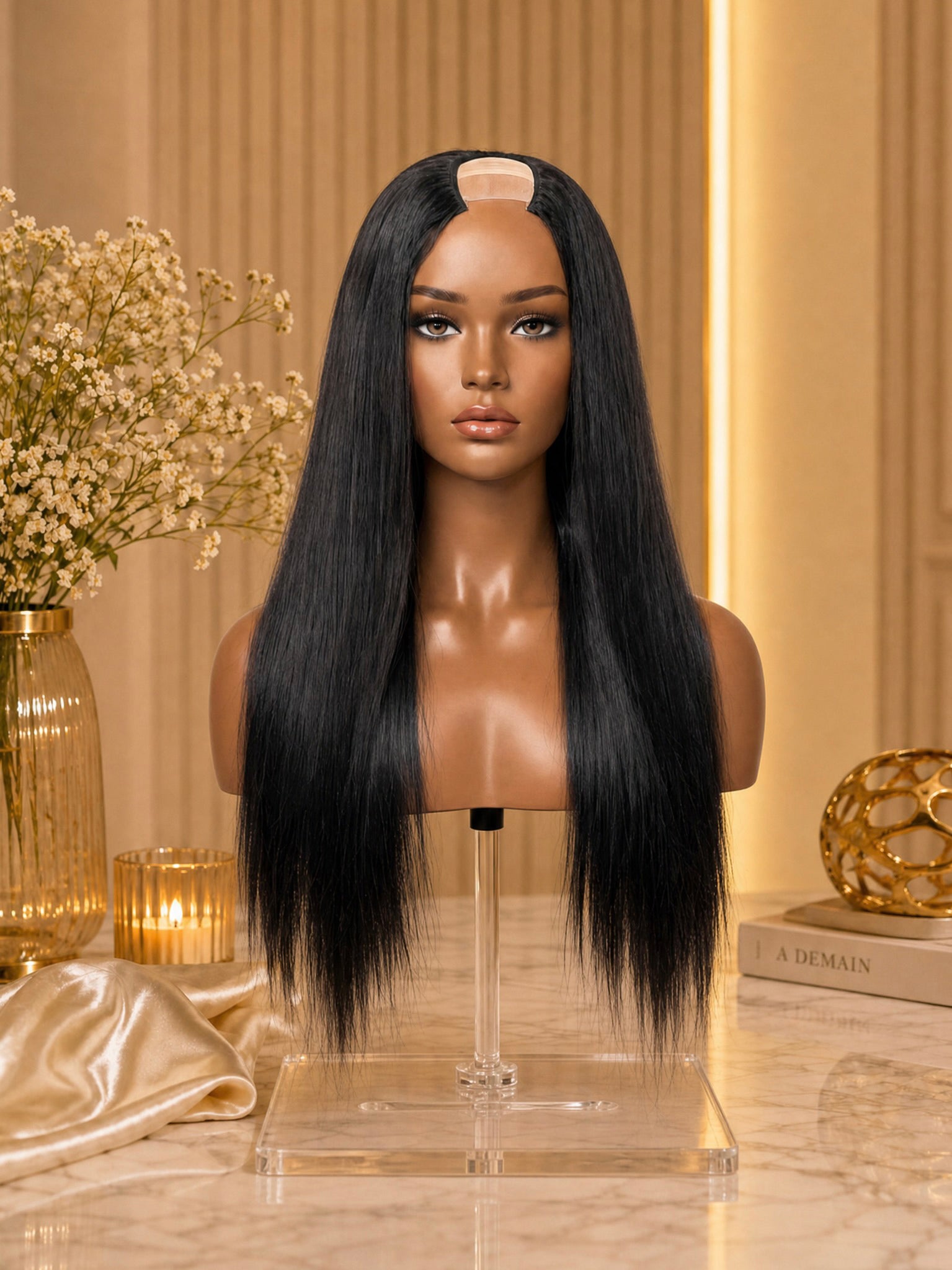 Long straight black U-part wig on stand with clear U-shaped parting