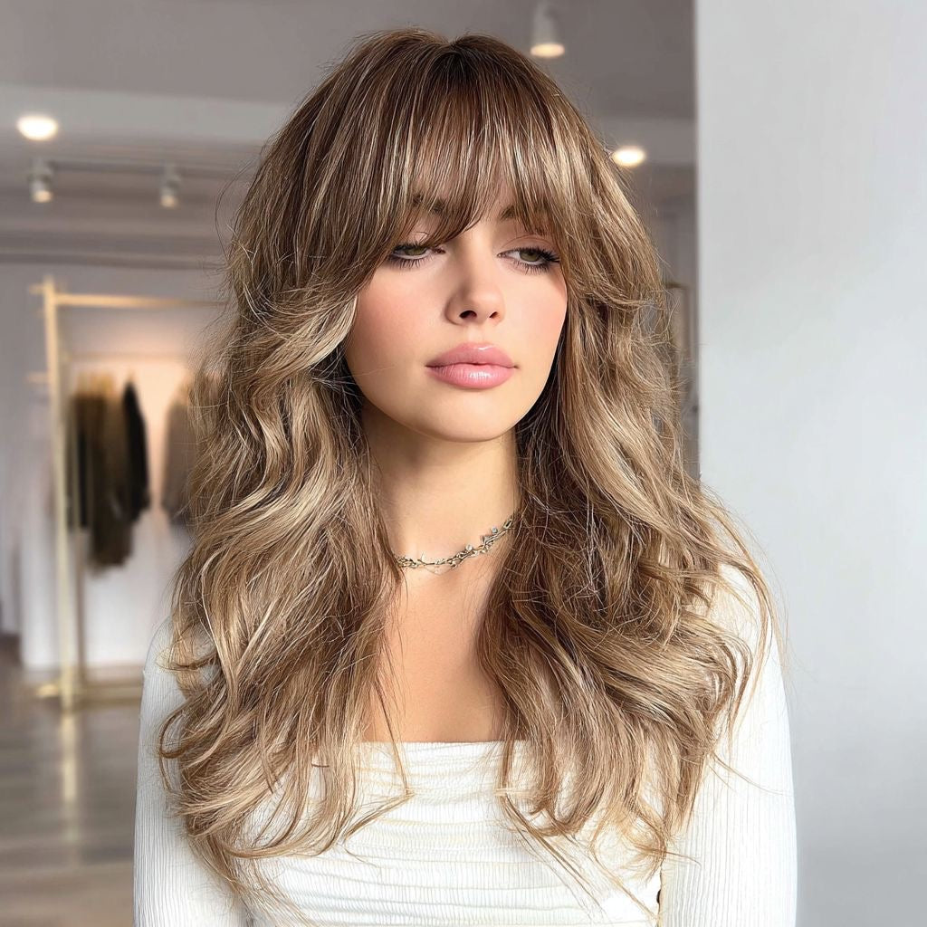 Long Caramel Blonde Curly Synthetic Blend Wig with Bangs