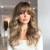 Synthetic blend wig, long wavy highlighted brown hair with fringe bangs