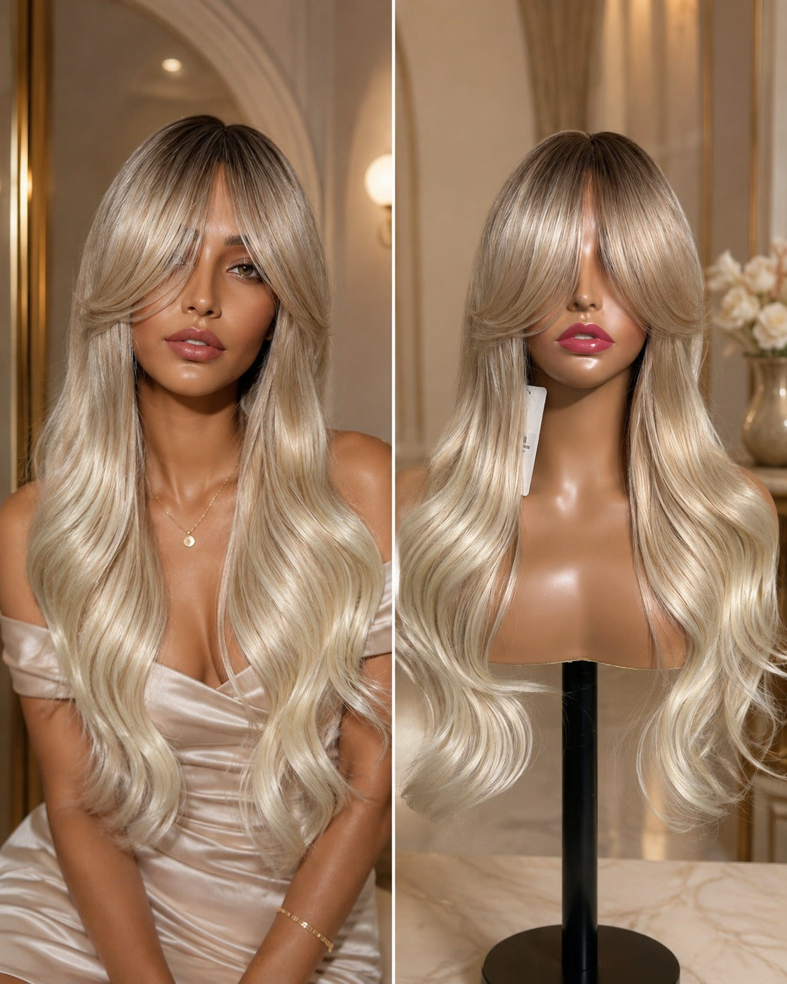Ivory synthetic lace wig, long layered waves with bangs and side-swept part