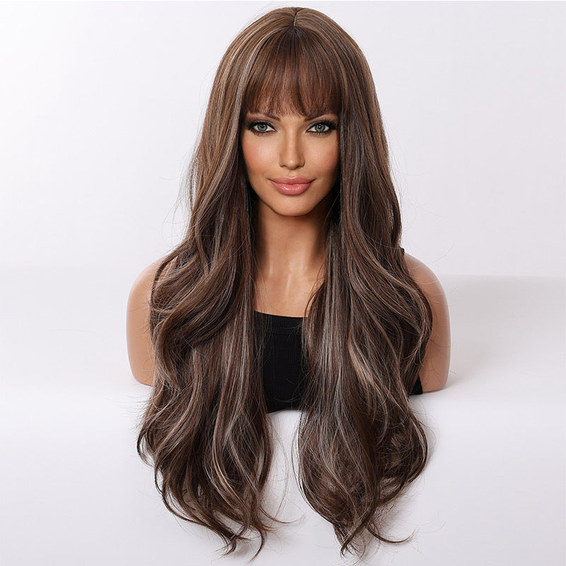 Chestnut brown synthetic wig with long wavy hair, front bangs, and subtle highlights