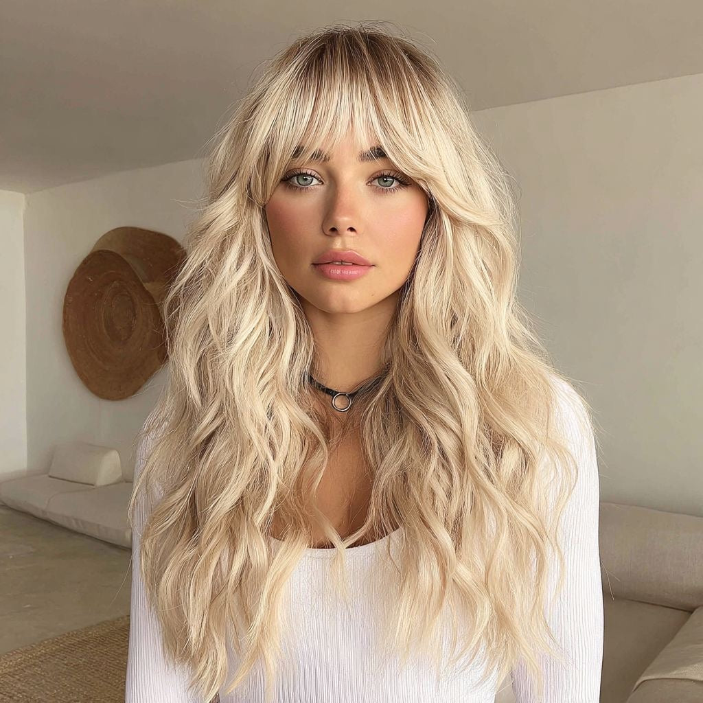 Long blonde wavy synthetic wig with dark roots and bangs