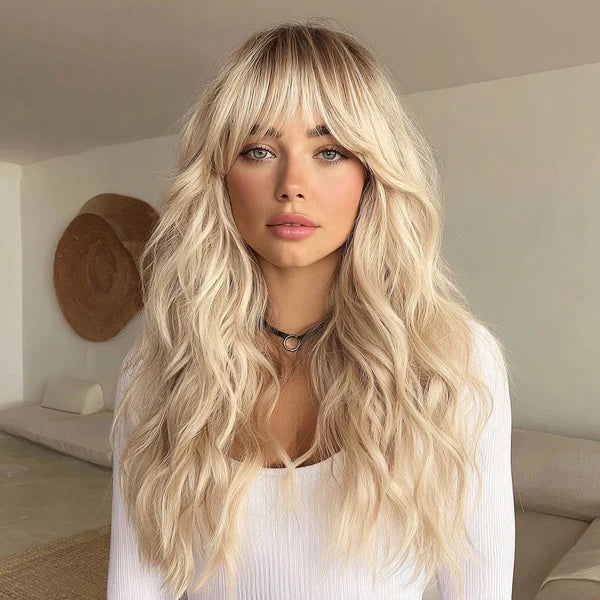 Long synthetic blend wig with bangs, pale blonde wavy hair, side part