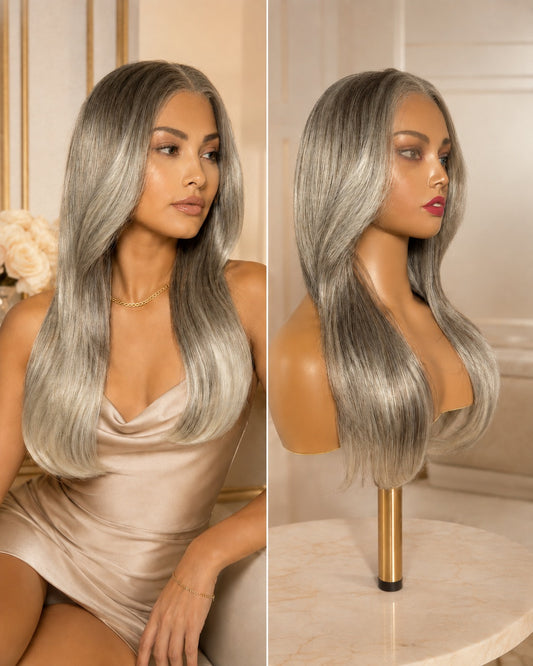 Synthetic lace wig with long straight silver-gray hair, side profile with layered ends