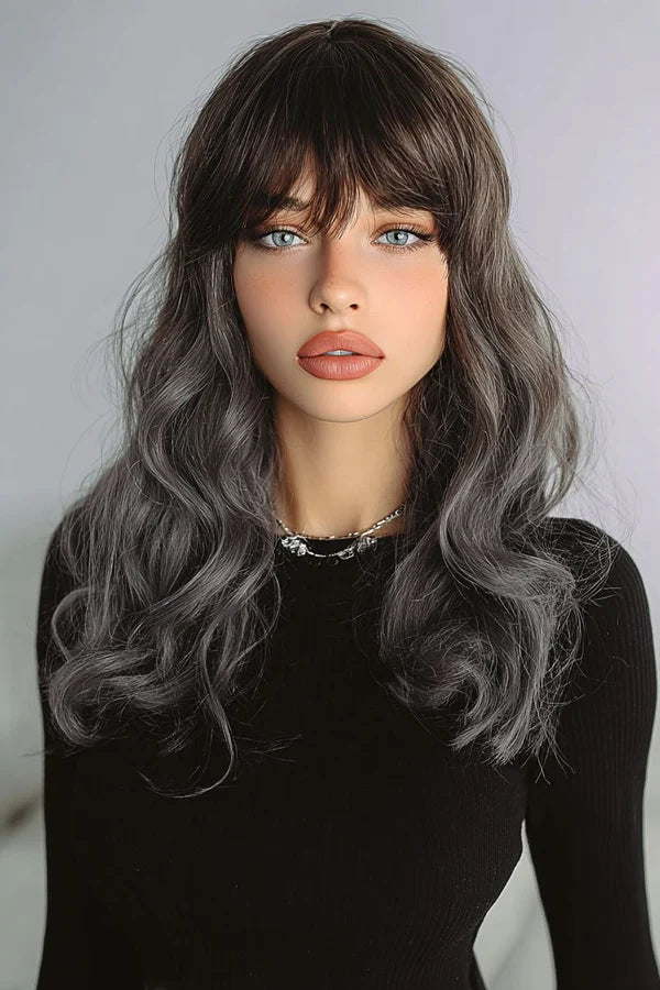 Synthetic blend wig, dark wavy hair with full fringe bangs