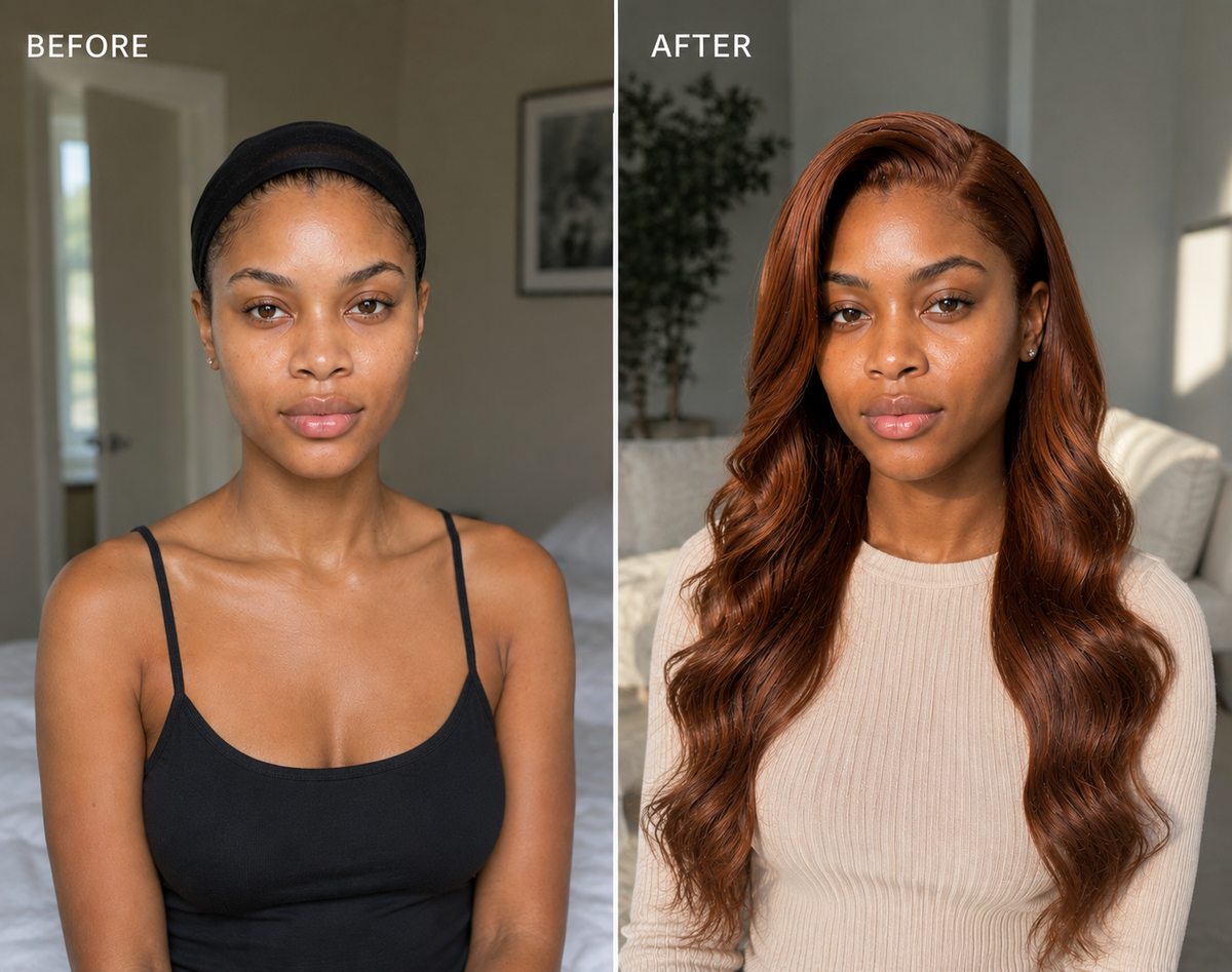 Wig styling comparison: long auburn-brown wavy lace front hair with defined part