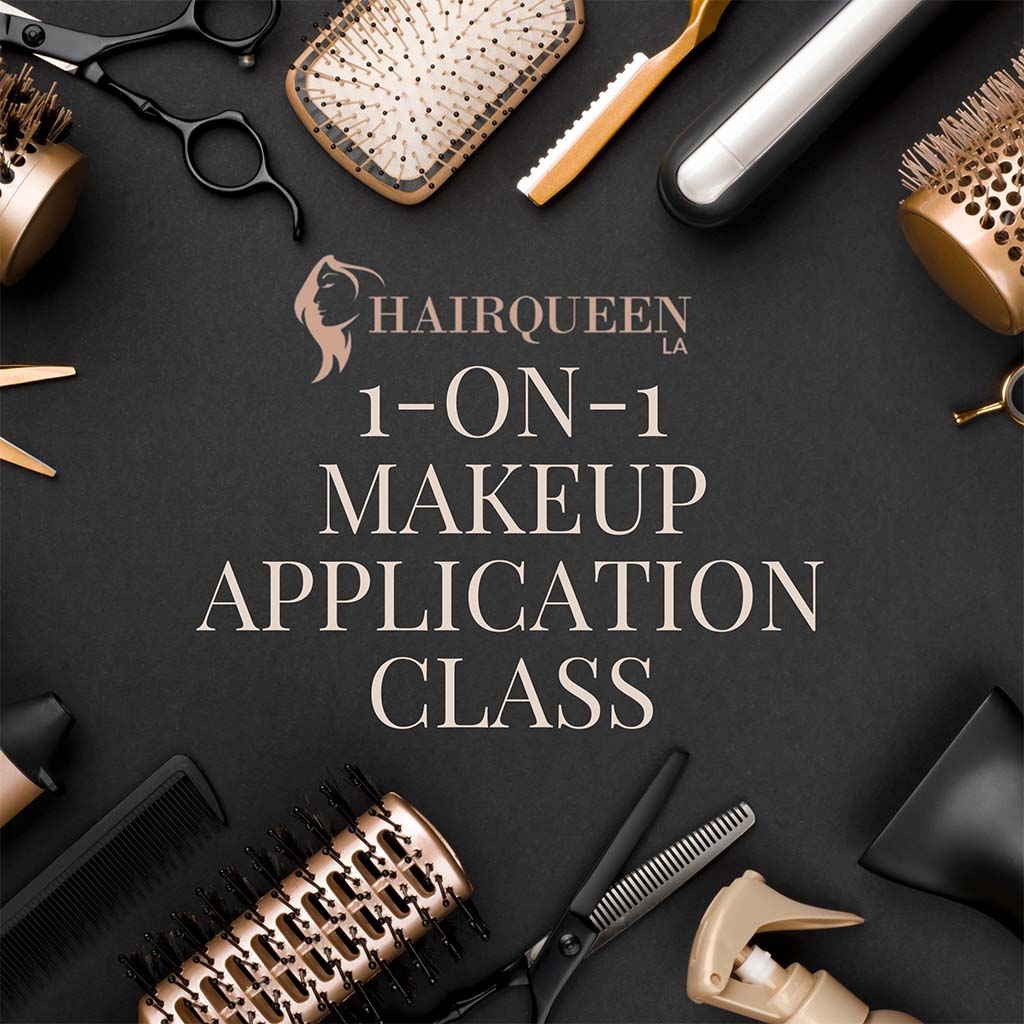 Makeup application class flyer with makeup tools and brushes