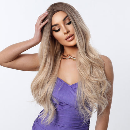 Long Blonde Wavy with Dark Roots Synthetic Blend Wig