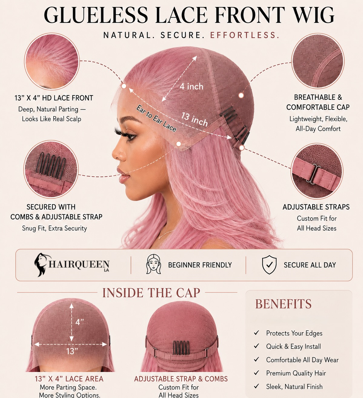 Pink rose lace front wig with long wavy hair, side part and natural-looking hairline