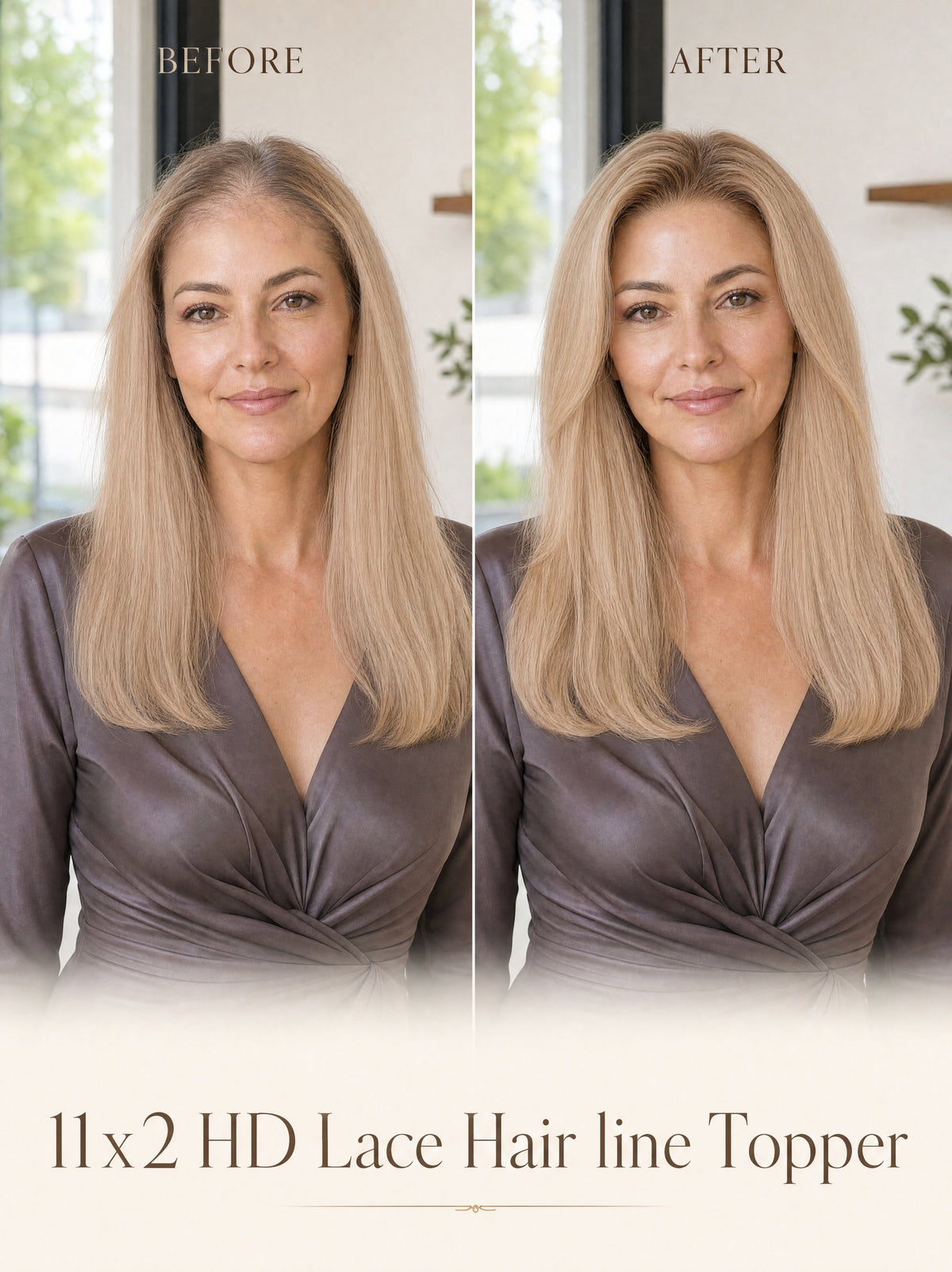 Before-and-after: blonde hairline topper adding fuller straight hair volume on model
