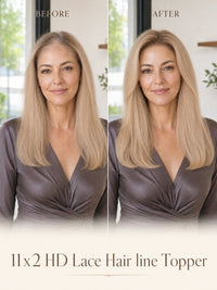 Before-and-after: blonde hairline topper adding fuller straight hair volume on model