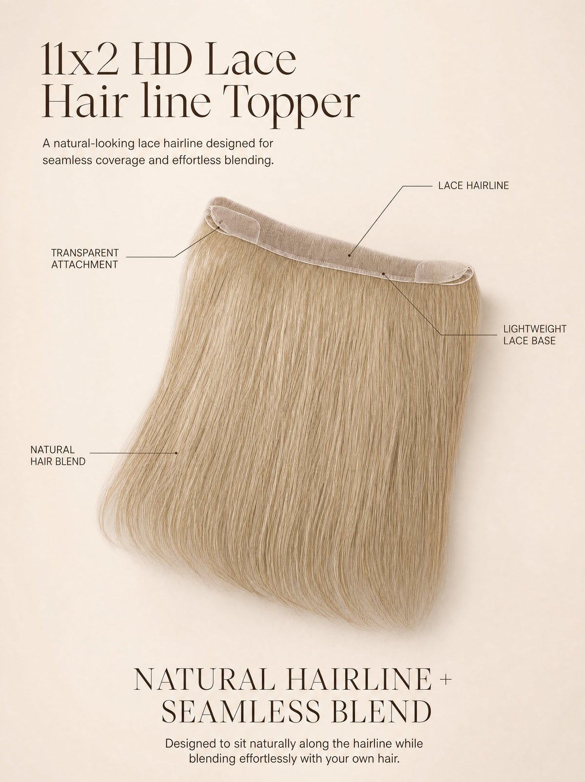 11x2 HD lace hairline topper with natural hair-blend strands and sheer lace edge