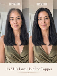 Model wearing black lace hairline topper, front view before and after styling
