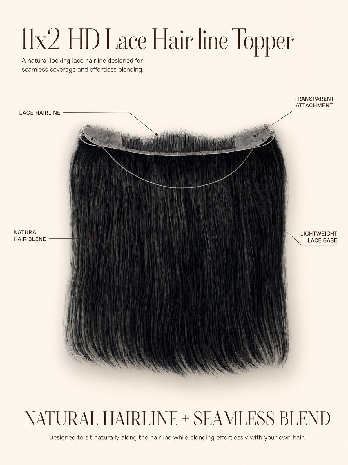 HD lace hairline topper with straight black hair and visible lace base