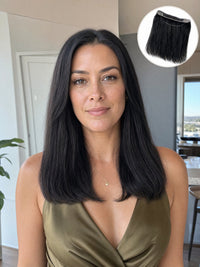 Black straight hair topper with lace hairline worn by model, natural coverage