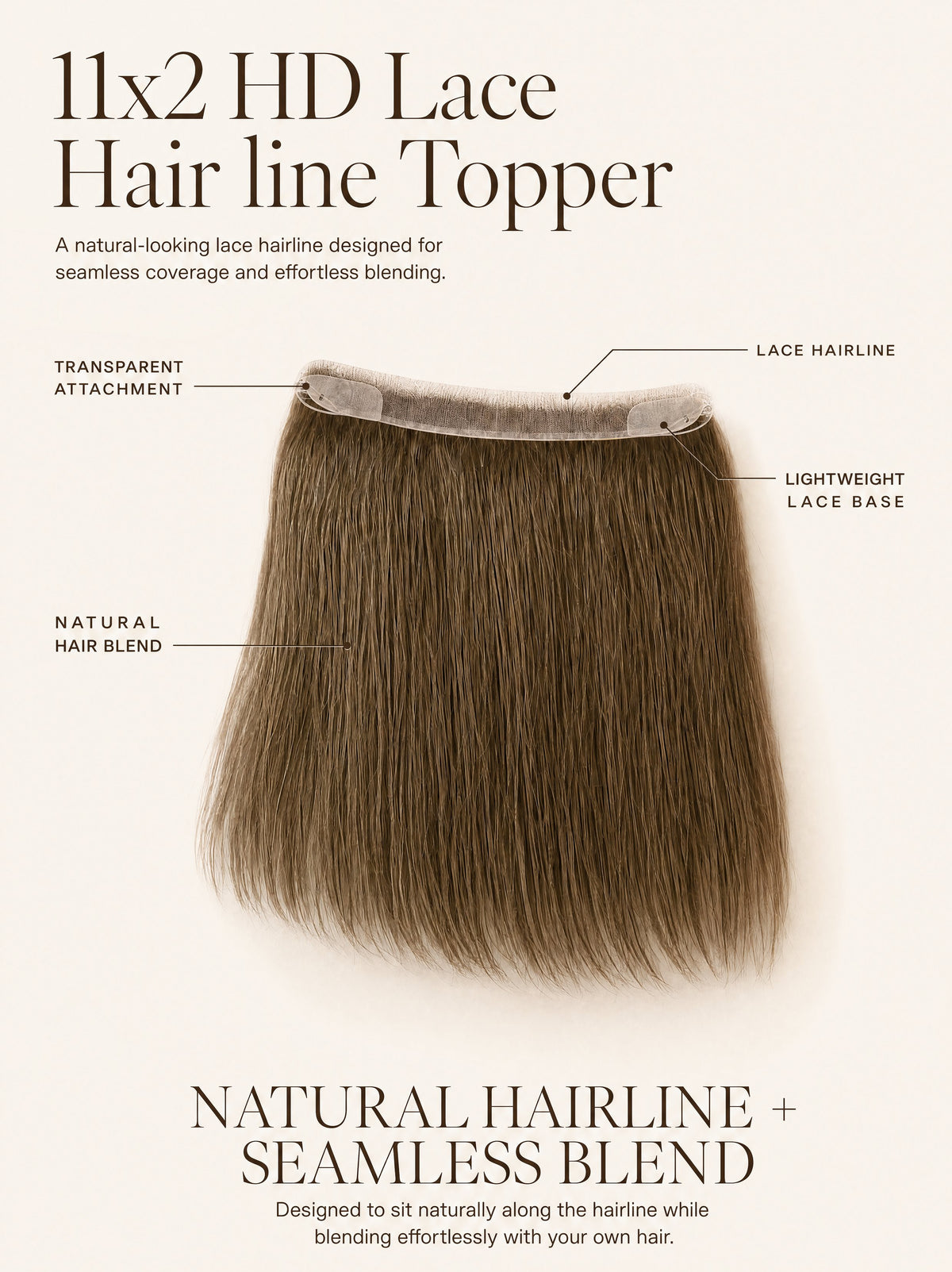HD lace hairline topper with light brown straight hair and transparent lace base
