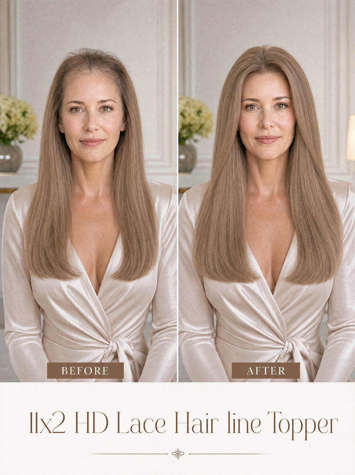 Hair topper with straight, shoulder-length light brown hair and seamless lace edge