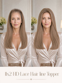Hair topper with straight, shoulder-length light brown hair and seamless lace edge