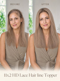 Woman with long light brown/blonde hair before-and-after styling with hair topper.