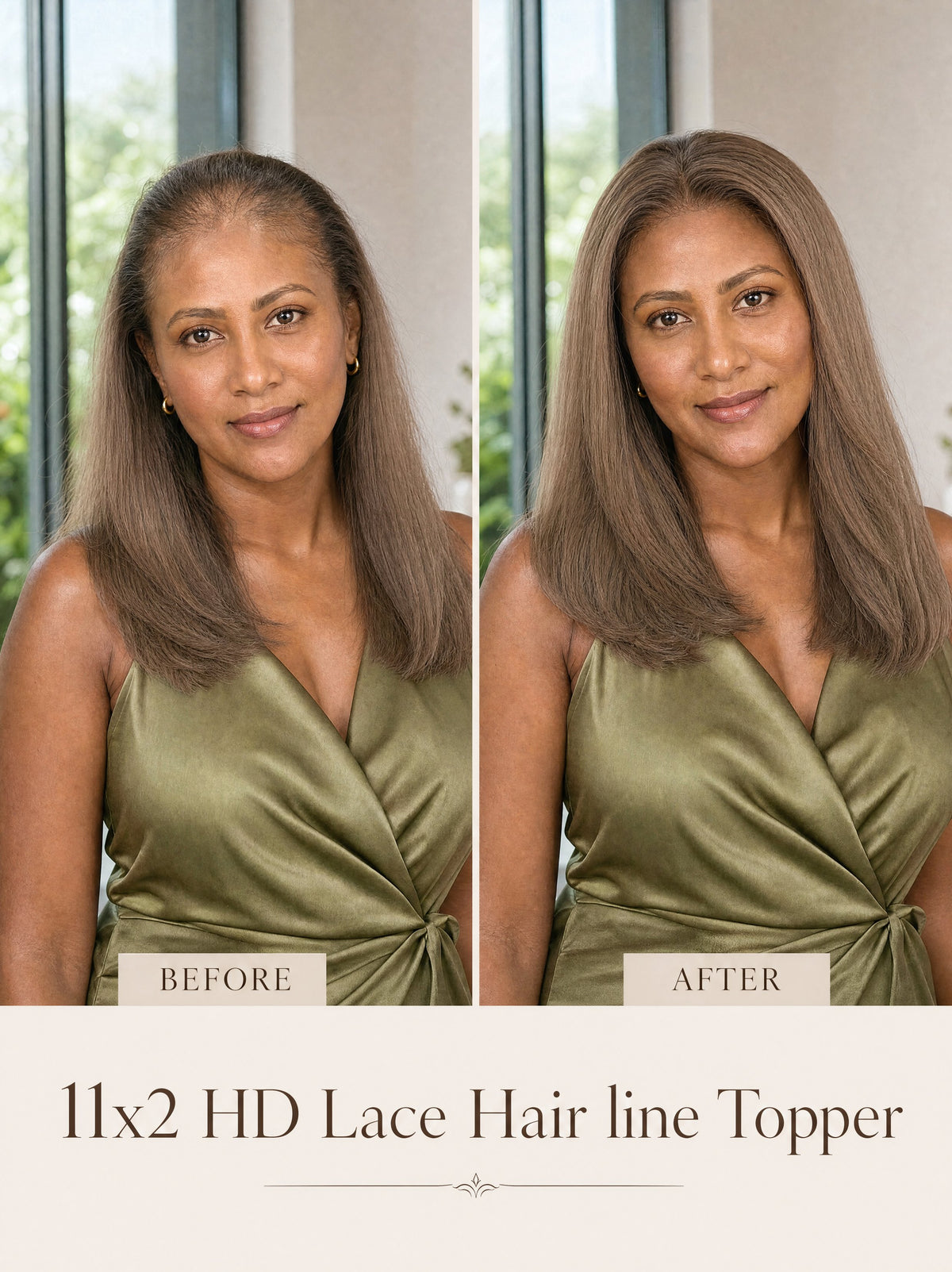 Hair topper blended into shoulder-length hair with natural brown straight strands