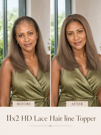 Hair topper blended into shoulder-length hair with natural brown straight strands