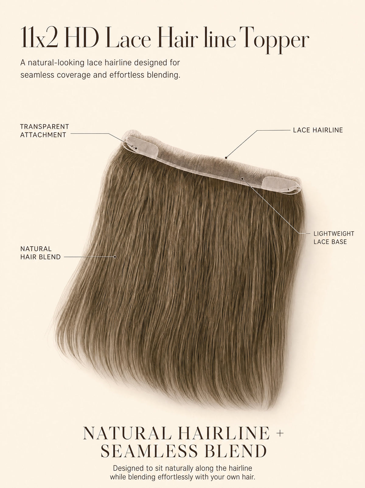 Natural hairline topper hairpiece with lightweight lace base and blended brown strands