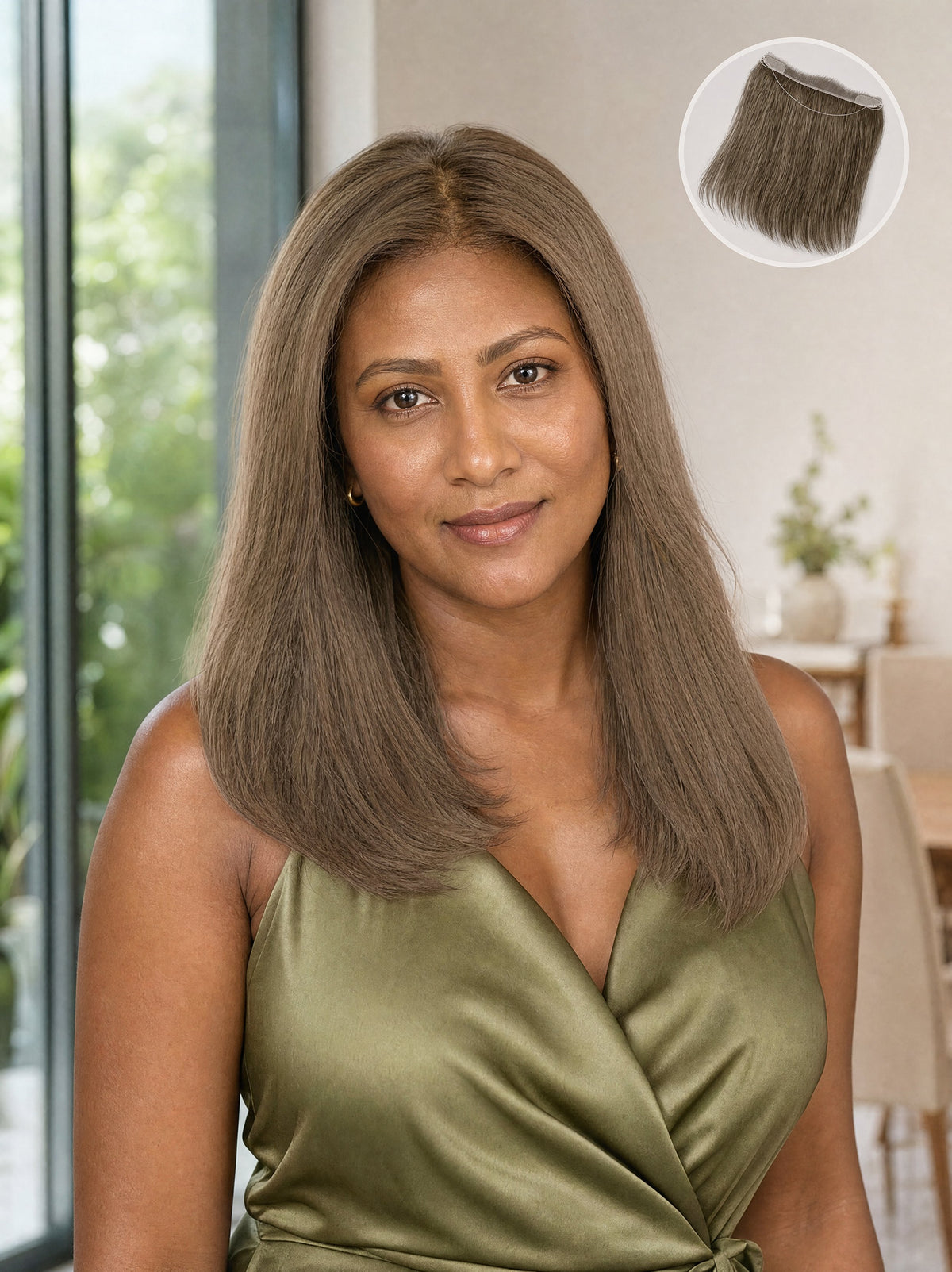 Hairline topper with smooth shoulder-length hair in blended brown and lace edge detail