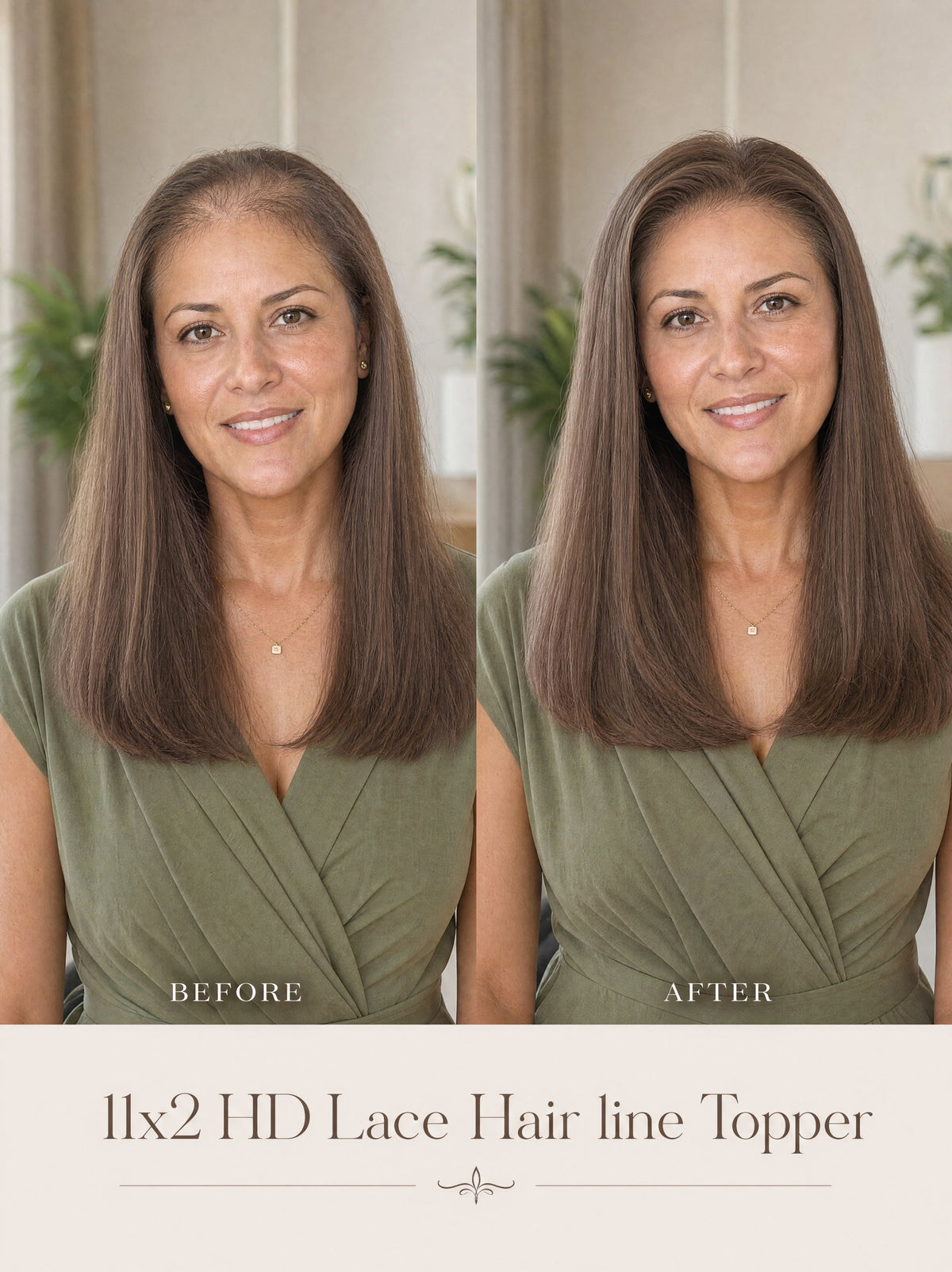 Lace hairline topper before-and-after on model with fuller straight brown hair