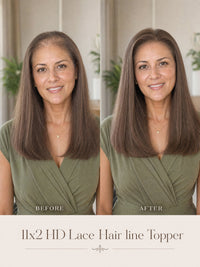 Lace hairline topper before-and-after on model with fuller straight brown hair