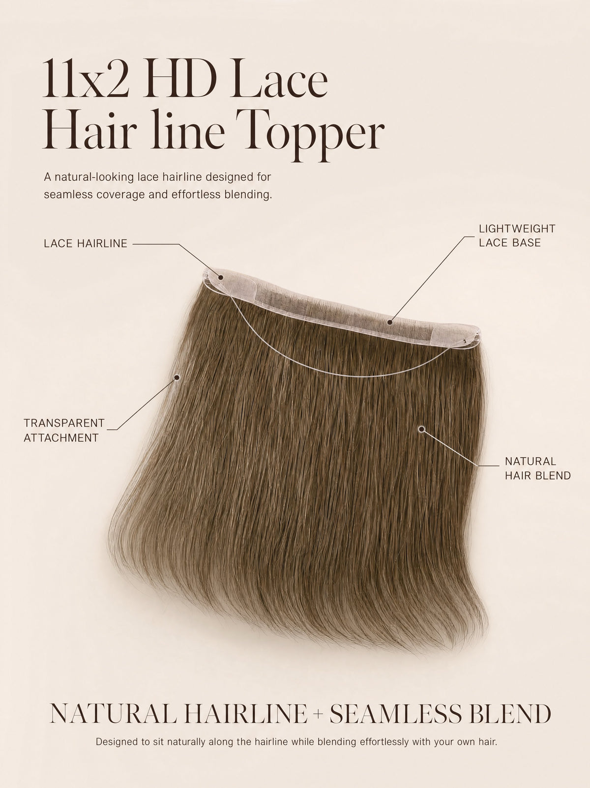 11x2 HD lace hairline topper with natural hair-blend strands and transparent lace edge