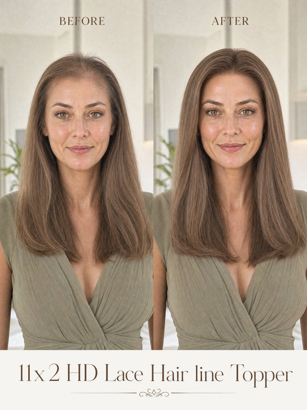 Woman’s before-and-after look with added volume using a light brown blonde hair topper.