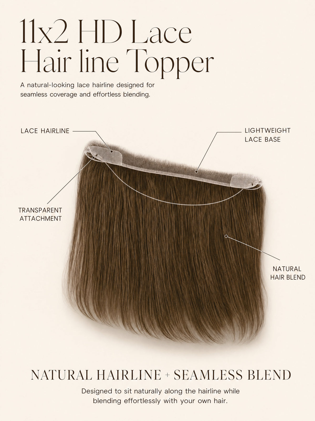 Long straight hair topper with lace hairline and sheer base attachment edge.